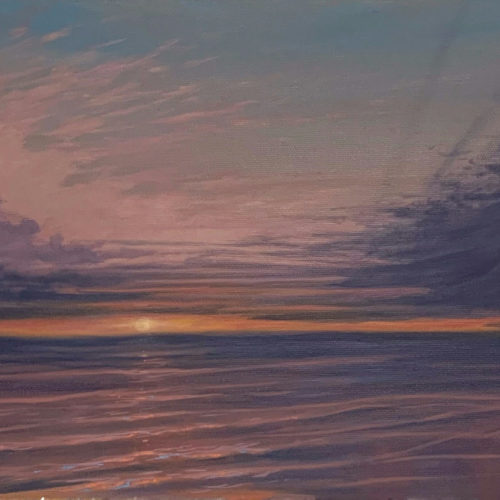 Secret Swim oil on canvas painting of a sunset in Tobago by Shannon Hutchinson